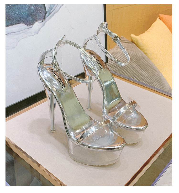 Dép sandal nữ gót nhọn pha lê trong suốt, đế cao 11 cm, quai móc cài — Màu bạc, Màu trắng, Màu đen chi tiết 27