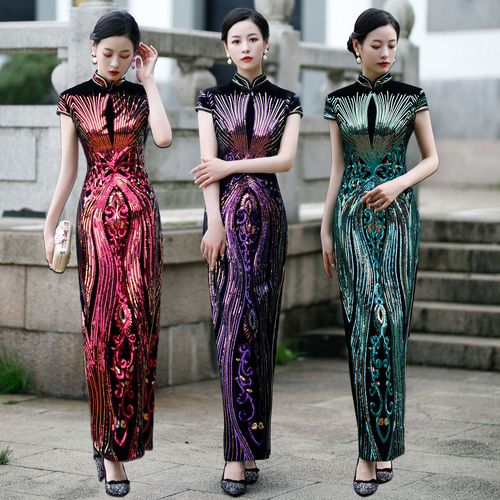 Chinese Dress Qipao for women Long short sleeve cheongsam dress with velvet sequins