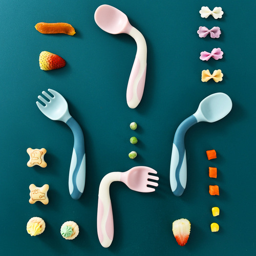 Infant twisting spoon and fork bent crooked handle silicone spoon children's baby training spoon and fork combination baby food supplement tableware