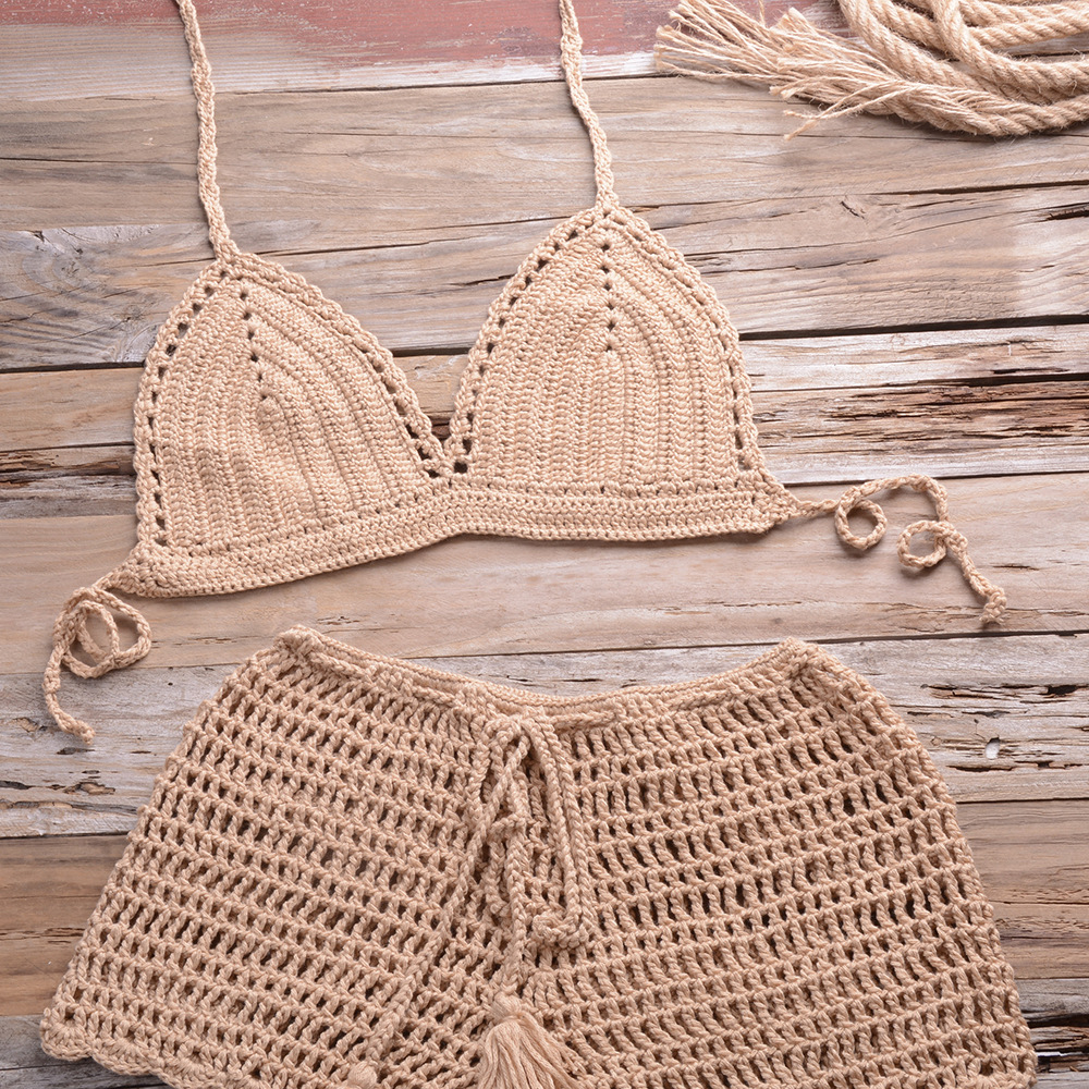 sexy solid color hollow knitted bikini two-piece set nihaostyles wholesale clothing NSYZT95152