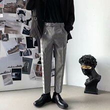 春季小西裤男韩版潮牌宽松潮流ins百搭休闲直筒裤格子坠感九分裤