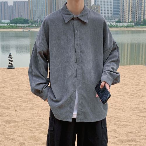 Casual Shirt for Men, Long Sleeve Spring and Autumn Korean Style Loose Corduroy Jacket, Hong Kong Style, Ins, Japanese Retro Versatile Collar Shirt