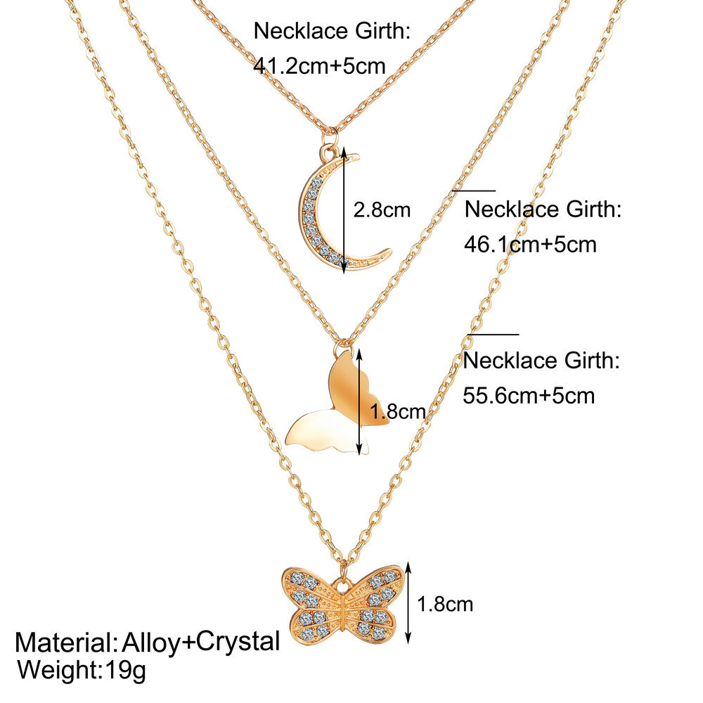 new inlaid rhinestone butterfly creative simple alloy three-layer necklace