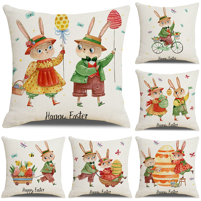 Easter Pillow Cover Cushion Cover Cartoon Couple Rabbit Easter Egg Linen Digital Printing  Home_voghion.com