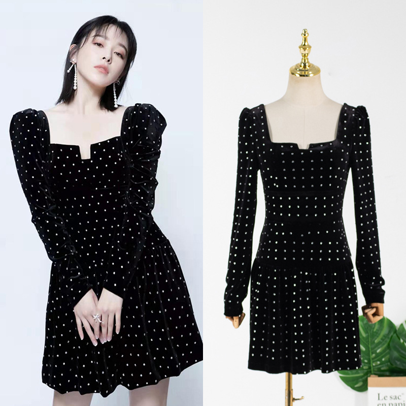 阚清子同款轻熟方领长袖短款显瘦小黑裙名媛风气质丝绒烫钻A字裙