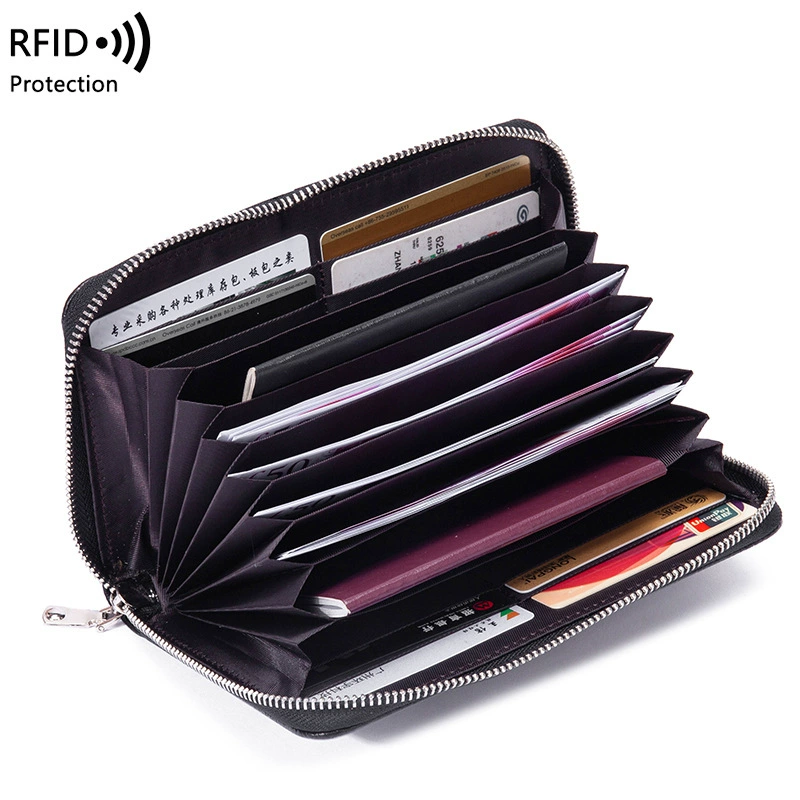 Кожаный паспортник, длинный кошелек из козьей кожи с защитой RFID, молния и цепь