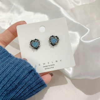 S925银针 新款韩国简约气质黑色爱心耳钉雾霾蓝水晶耳环少女耳饰