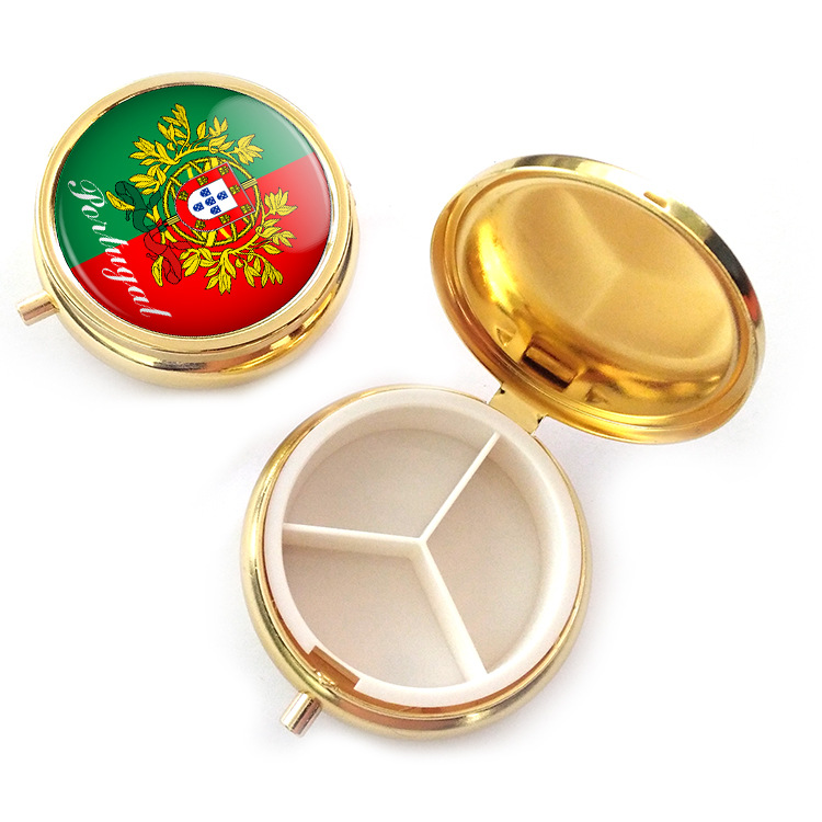 金属三格金色药丸首饰盒厂家定制葡萄牙国旗里斯本电车旅游纪念品