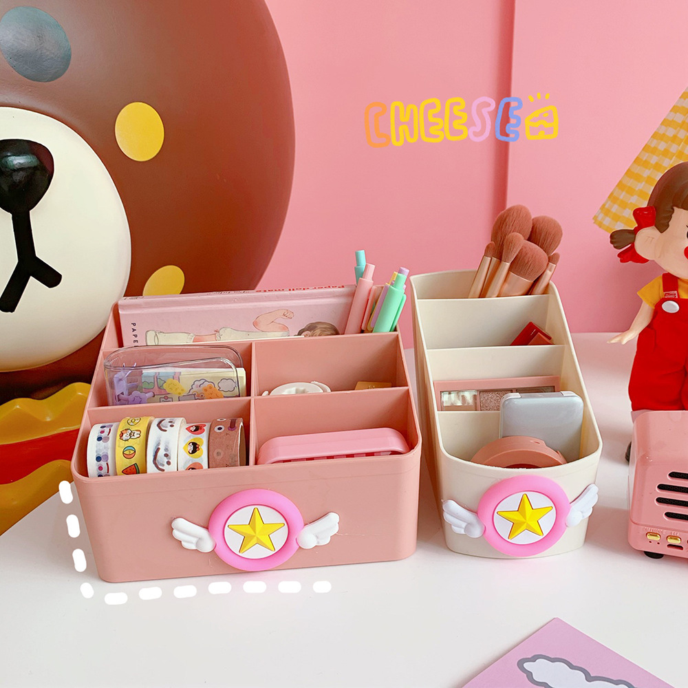 Cartoon Desktop Storage Box Cosmetic Finishing Box Multi-grid Pink Storage Box display picture 3