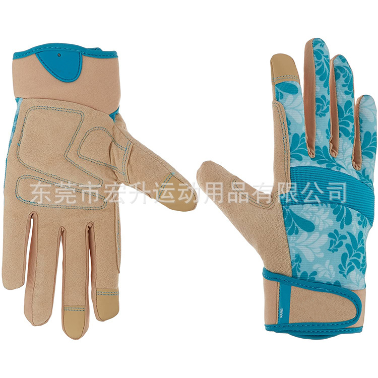 宏升新款超纤印花手套花园种植拔草园艺触屏手套工作手套跨境货源