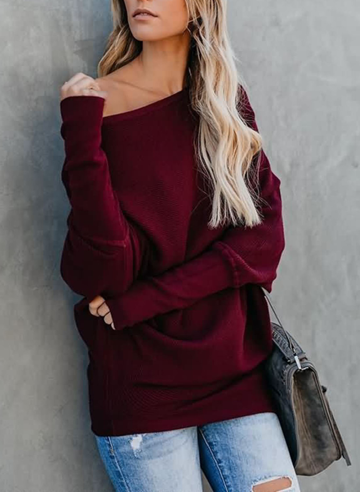 women s autumn and winter new solid color bat long sleeve round neck casual pullover sweater  NSSI3002