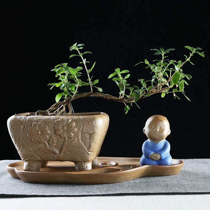 Китайский стиль Творческий отличительный зеленый цветочный горшок с подносом Бытовая мясистая грубая керамика в стиле Дзен маленькие декоративные украшения для бонсай