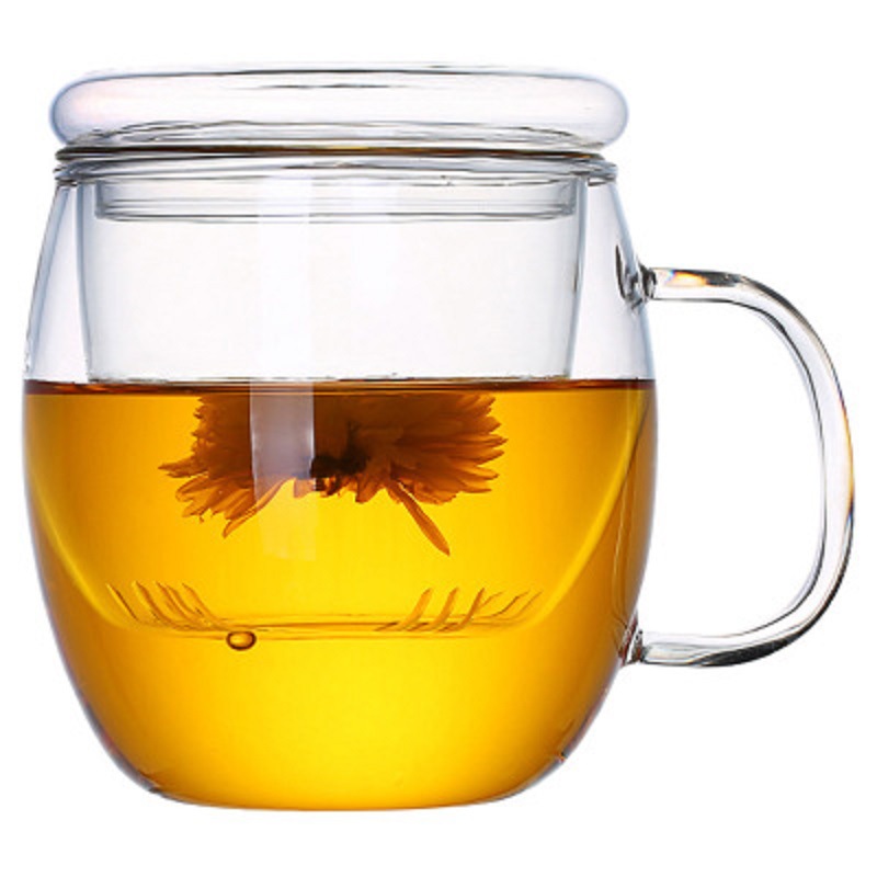 Vidrio taza de té de vidrio con mango flor taza de té redonda taza divertida taza de tres piezas taza de té taza de agua de oficina con tapa