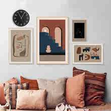 北欧复古文艺抽象简笔线条色块客厅组合装饰画图片画芯