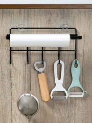 Iron cabinet hanger multi-functional kitchen utensil row hook kitchen storage rack seamless nail-free hook towel rack roll paper rack
