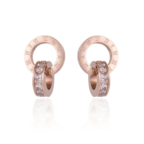 European and American Roman Diamond New Creative Earrings Rose Gold Titanium Steel Earrings Women's Double Ring Popular Earrings Jewelry