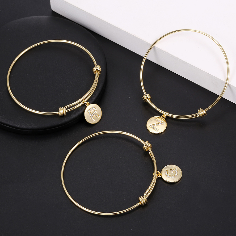 European and American live mouth adjustable 26 letter real gold plated zircon copper bracelet