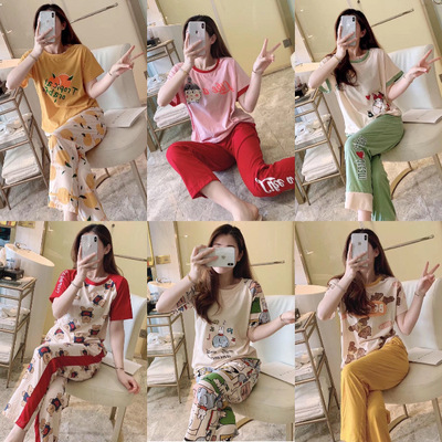 亞馬遜爆款夏季短袖長褲睡衣女網紅卡通ins家居服抖音直播速賣通