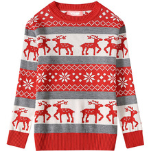 厂家批发欧美新款圣诞涤纶毛衣小鹿提花圆领雪花套头针织毛衣打版