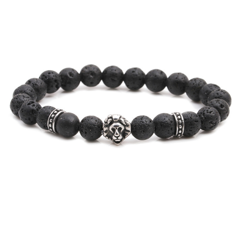 Fashion Stainless Steel Lion Head Bracelet Volcanic Beaded Menu0026#39;s Bracelet