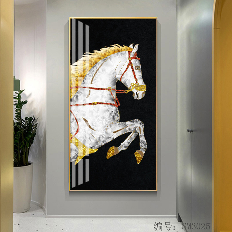 現代簡約玄關過道裝飾畫挂畫走廊輕奢白馬挂畫橙色客廳豎版壁畫