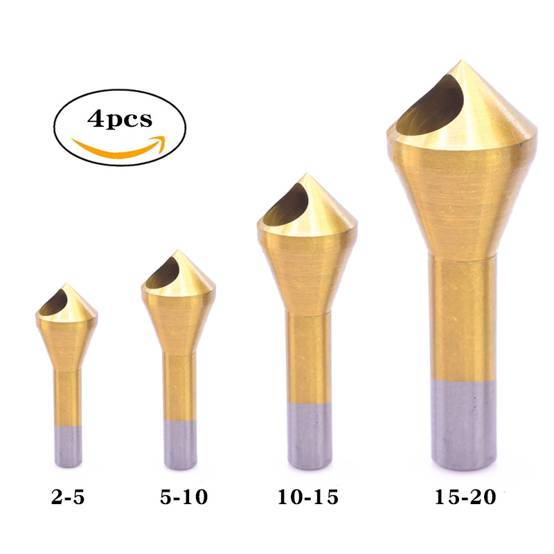 斜孔倒角器4pcs高速钢90度电钻扩孔工具倒角刀圆柄去毛刺钻头套装