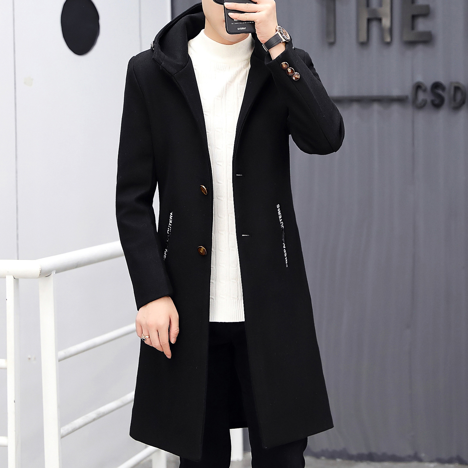 冬季男士风衣大衣外套修身连帽呢子毛呢潮流中长款帅气|ms