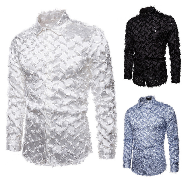 Men’s Handmade three-dimensional feather fabric featured Henry Neck Long Sleeve Shirt