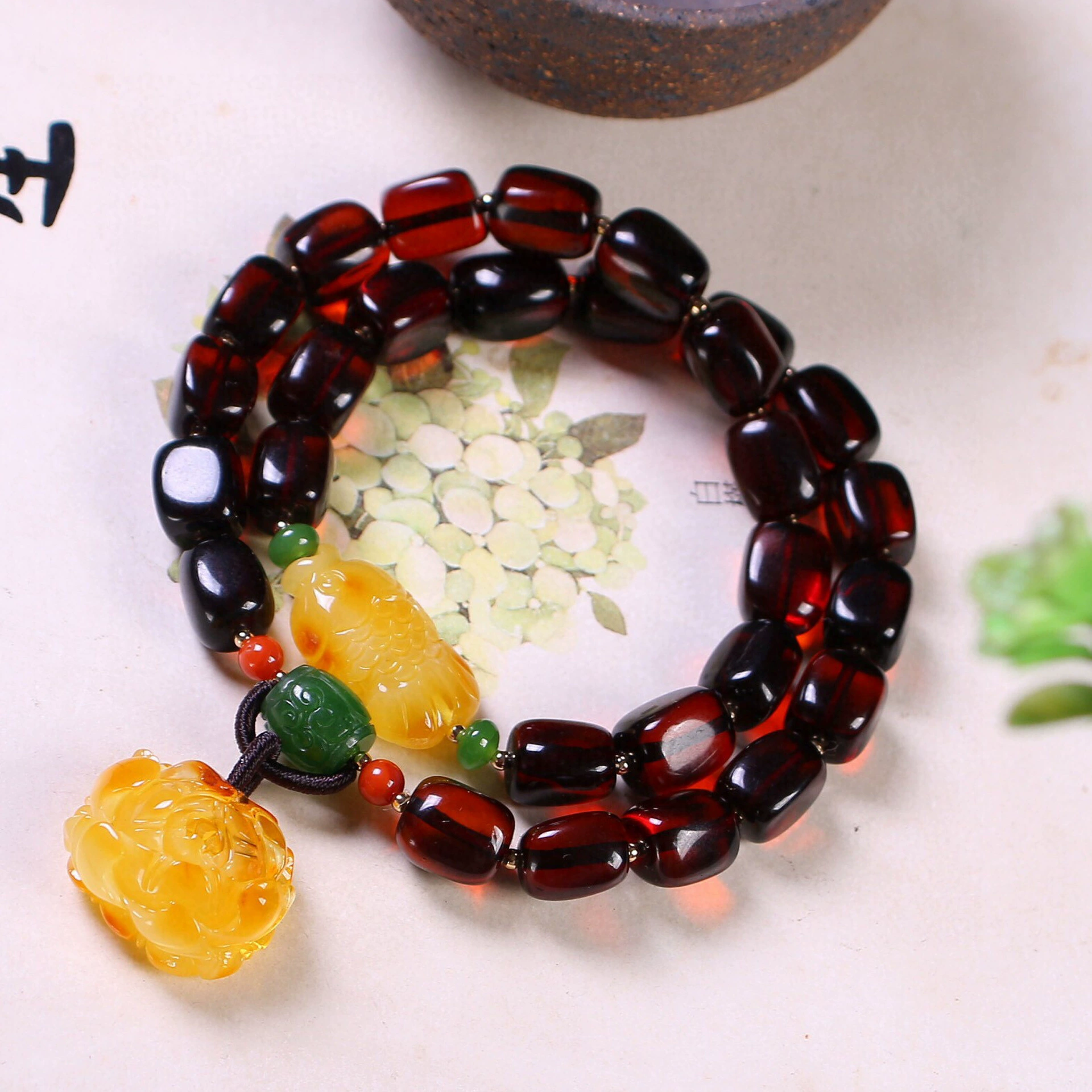 Натуральная вода Очищенная кровь Фиолетовый Янтарный двухкруговой браслет с подвеской в виде цветка пиона из пчелиного воска Многокруговой браслет