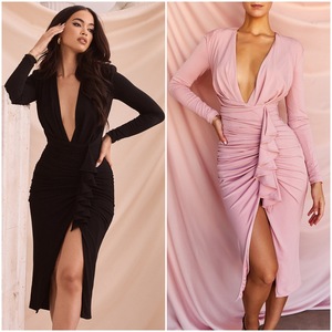 Deep V-neck solid ruffled Long Sleeve Dress