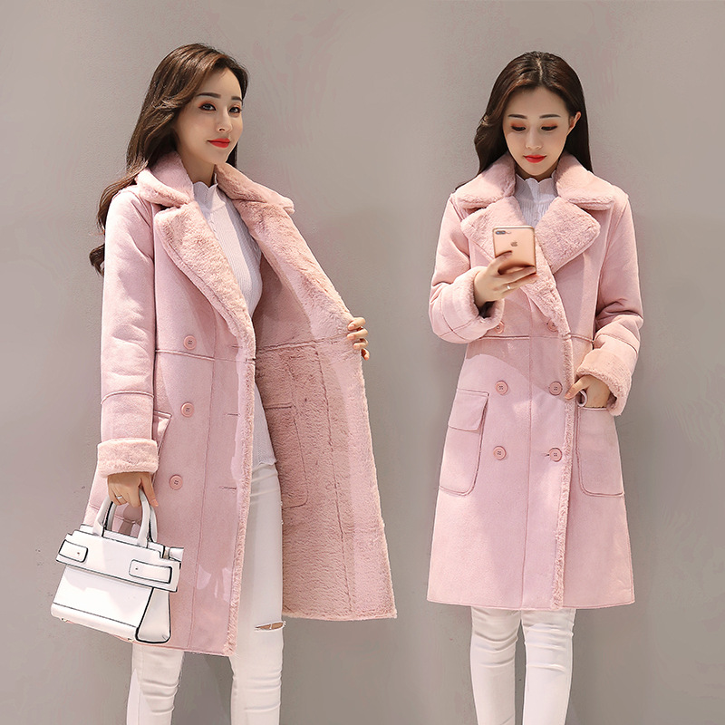 羊羔毛外套女2022冬季韩版新款加绒加厚大衣中长款仿鹿皮绒翻领