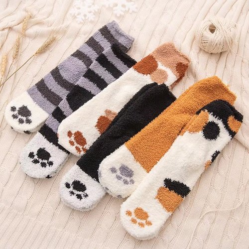 Autumn/Winter New Arrival Plush Socks, Coral Fleece Socks, Thick Warm Floor Socks, Home Cat Paw Print Sleep Socks