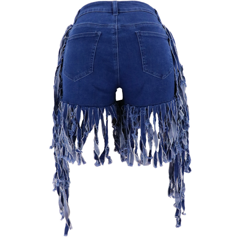 2021 Summer High Elastic Low Waist Side Bone Foot Length of Top Tassel Women Denim Shorts in Shorts