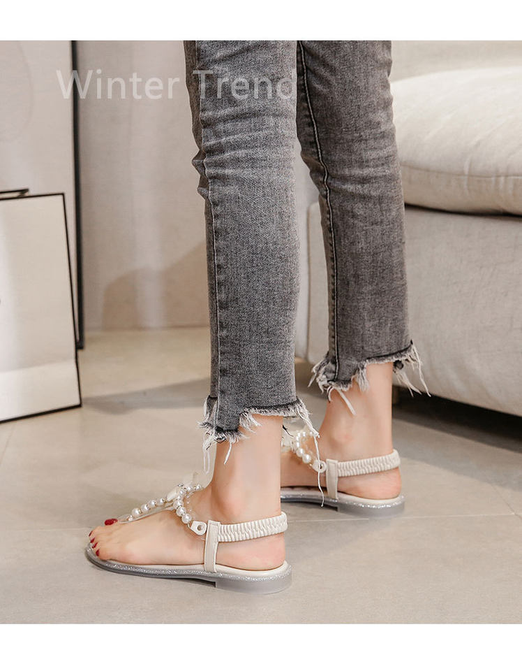 Dép sandal nữ quai ngang đính ngọc trai và đá lấp lánh, đế bệt mũi tròn — Màu mơ, Màu đen chi tiết 12