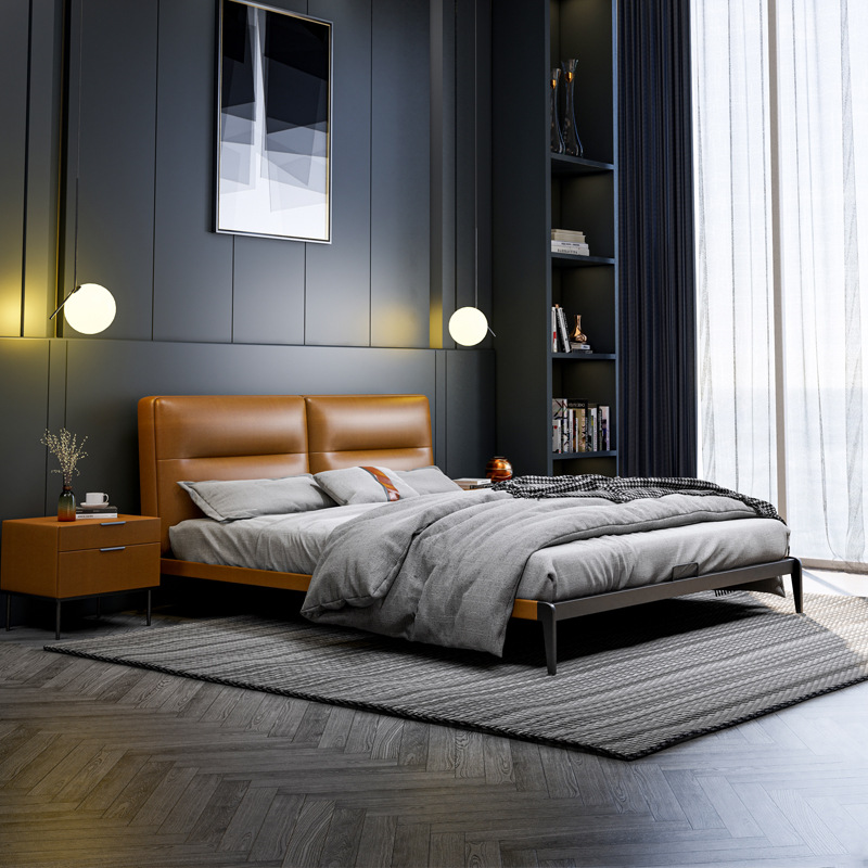 Cama matrimonial moderna minimalista de tamaño king de 1.8 m, cama de matrimonio de cuero genuino, cama tapizada con estructura de hierro, capa superior suave de estilo italiano minimalista
