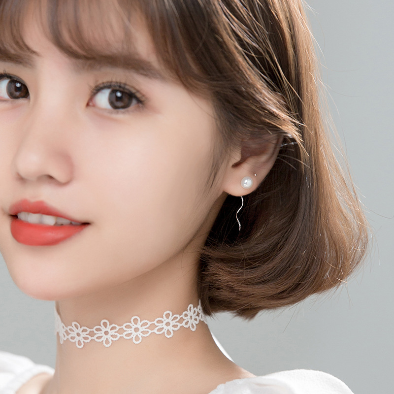 Eloch s925 temperamento de plata simple perla pequeña línea de orejas personalidad japonesa de línea espiral pendientes G6880