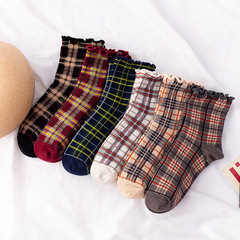 Women's Knee-High Socks Four Seasons Sports Cotton Socks Lotus Edge Large Grid Korean Style College Style Personality Ins Style