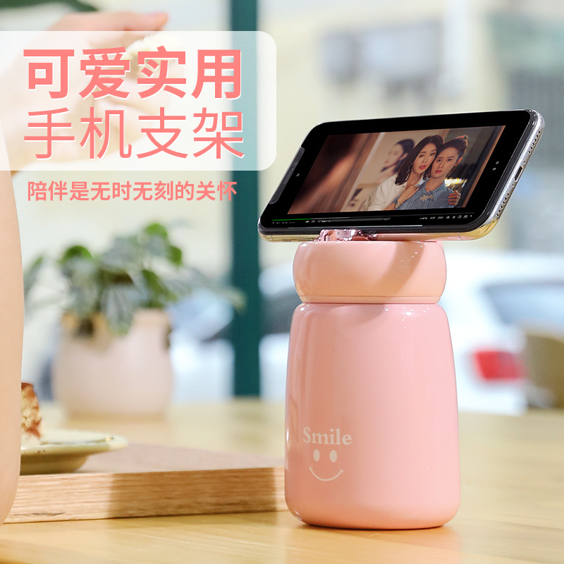 新款內外304不鏽鋼手機支架保溫杯 韓版男女士功能水杯子禮品定制