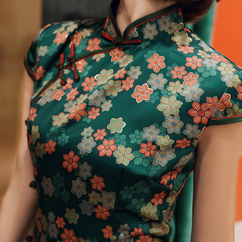 Women green floral chinese dresses qipao dress photos shooting Cheongsam retro long dress