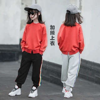 女童冬装新款洋气纯色加绒加厚上衣小女孩无帽卫衣中大童绒衫韩版