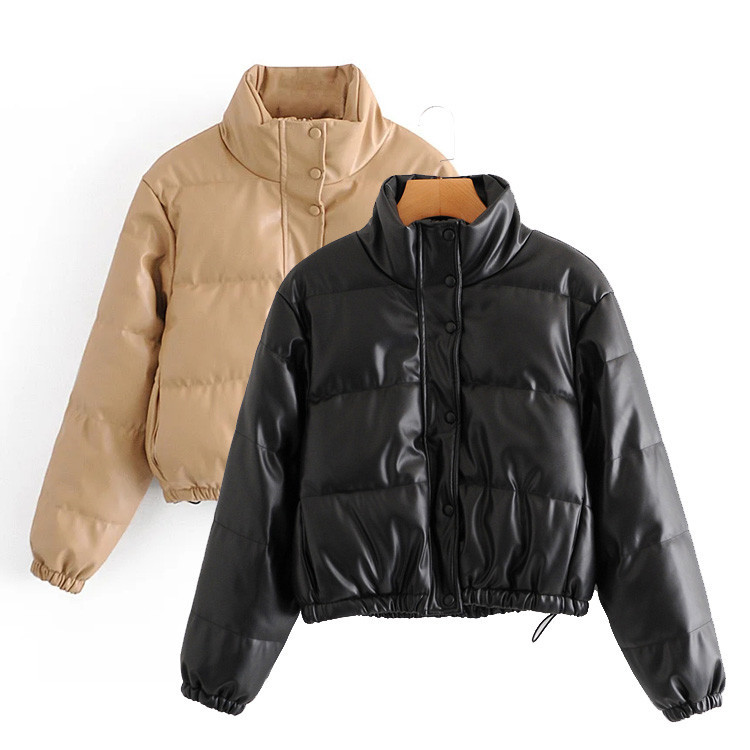 Damenbekleidung lässig einfarbig einfache Leder Baumwollkleidung für Damen Winter neue kleine Stehkragen Pu-Jacke_voghion.com