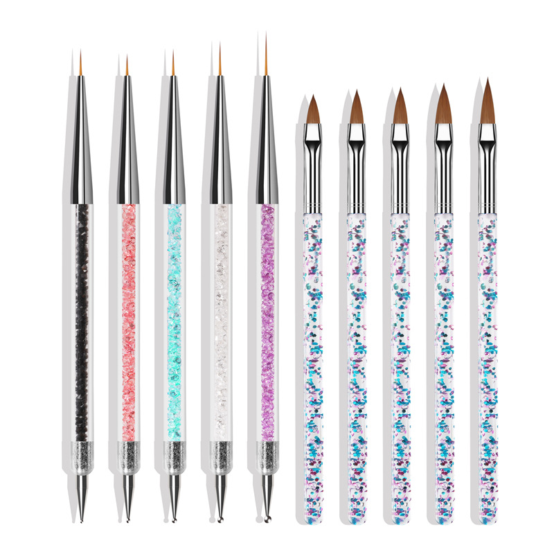 Venta directa de fábrica lentejuelas de uñas pluma de cristal de doble cabeza punto taladro dibujo pluma traje 10 piezas conjunto de uñas pluma