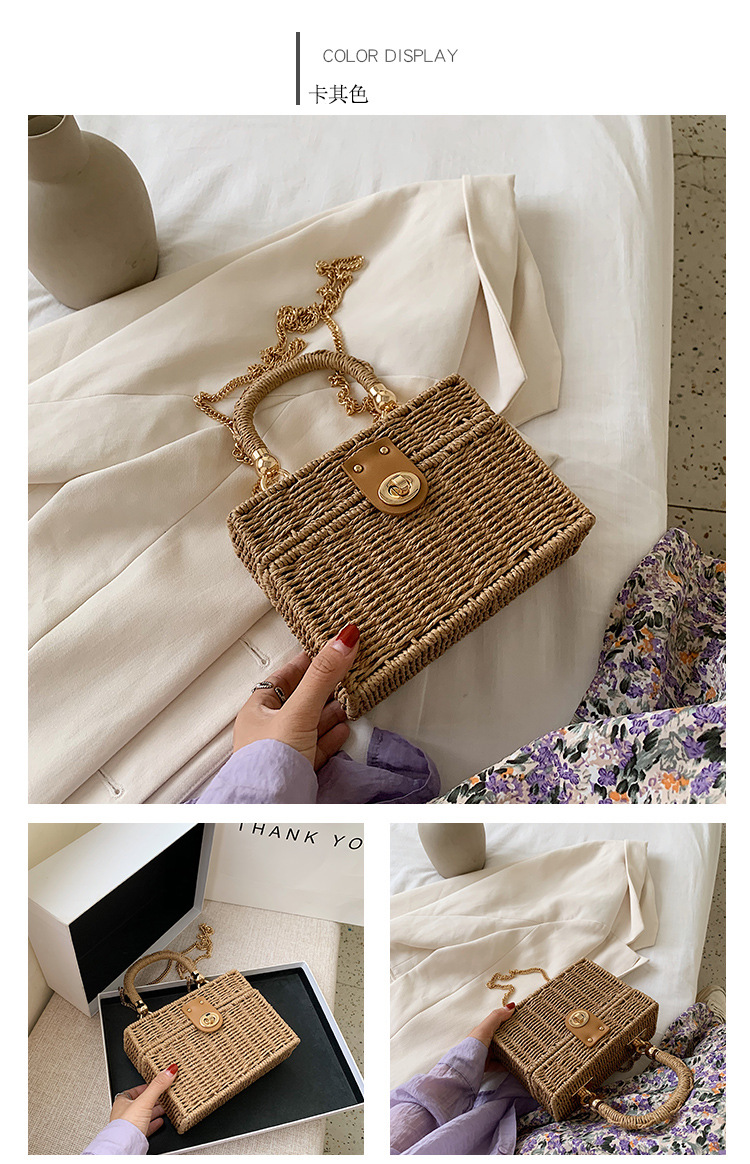 Vacation Style Medium Straw Solid Color Square Buckle Straw Bag