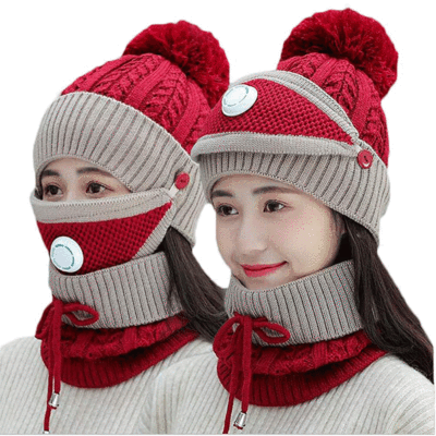新款帽子女冬天韓版針織保暖帽口罩加厚戶外騎車帽冬季護耳毛線帽