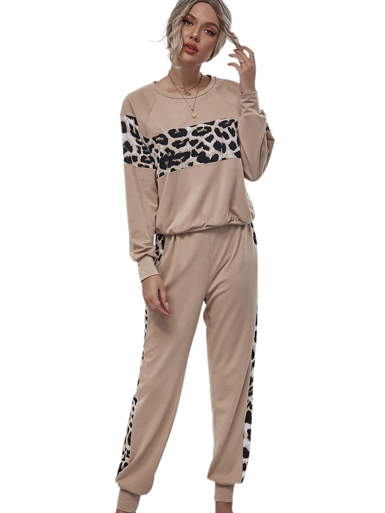 Sweater Women s Autumn Leopard Pattern Stitching Long Sleeve Round Neck Pullover Set NHDF91