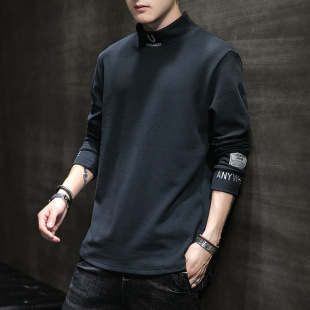 2022 New High Neck T-shirt Men's Long Sleeve Spring and Autumn Solid Color Base Shirt Students Korean Style Inner Wear Men's Internet Trendy Top
