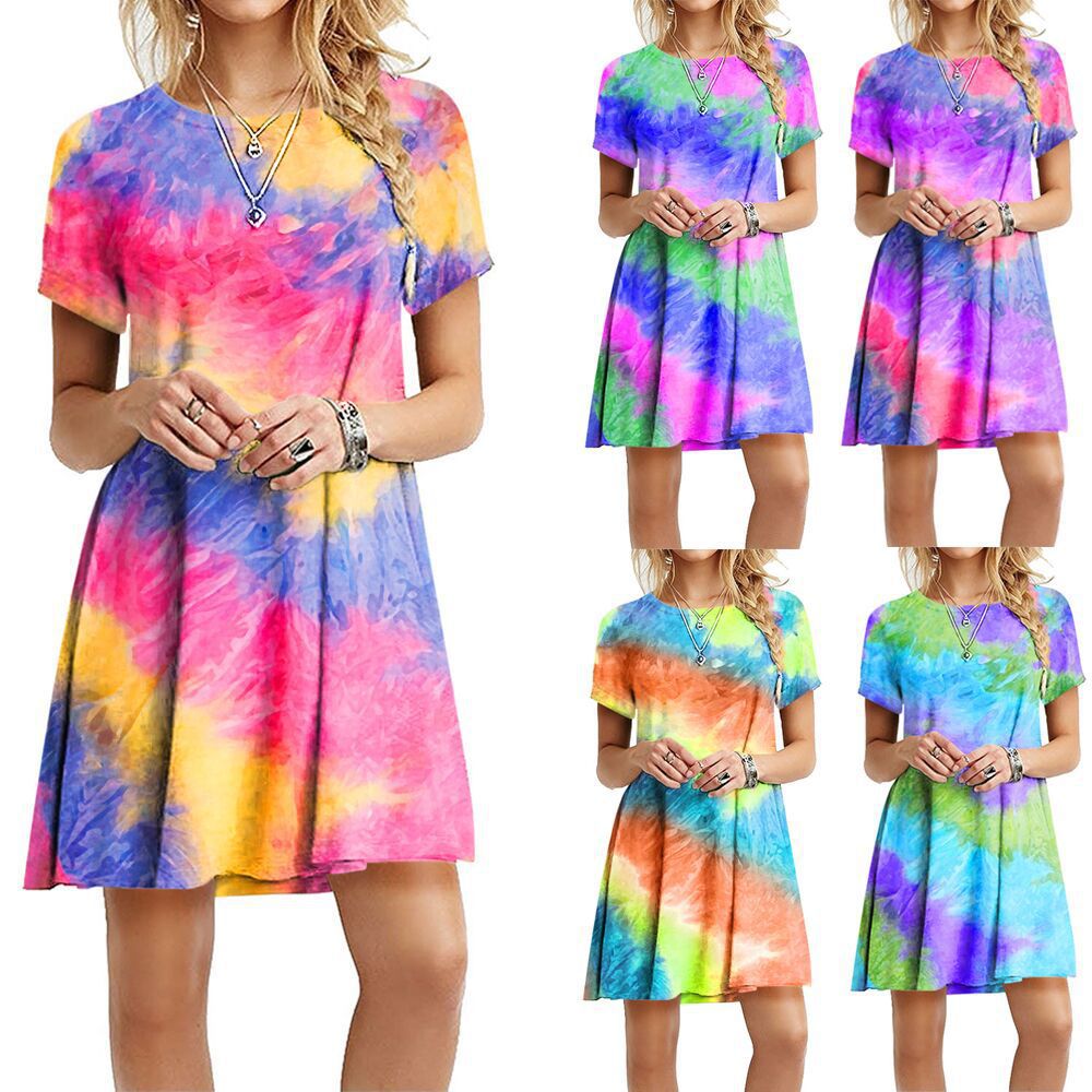 new style through slim and colorful rainbow tie-dye print dress NSYF837