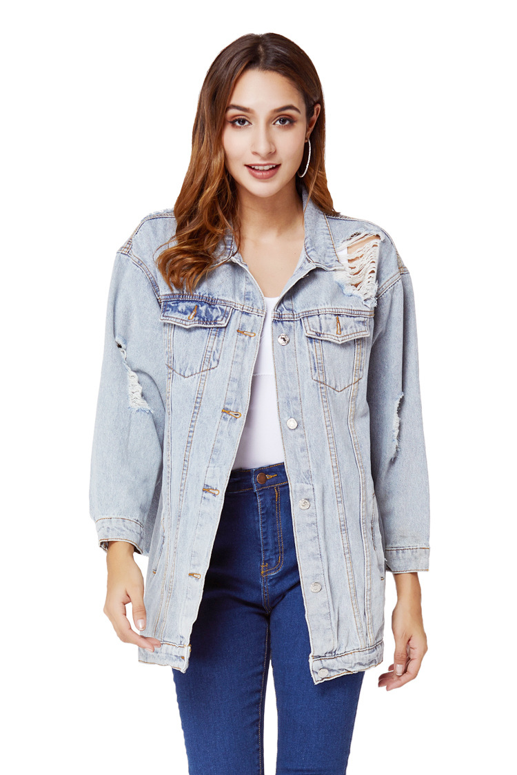 loose long ripped denim jacket  NSSY9455