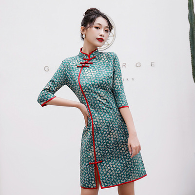 Chinese Dress cheongsam for womenRetro double layer short cheongsam national suede cheongsam stand collar printed suede cheongsam