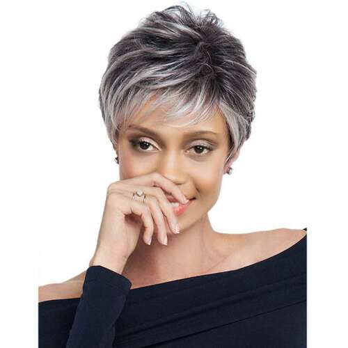 Factory direct sales foreign trade fashion wig, gradient gray and white female short hair, small curly tube partial parting, high temperature wire one piece hair